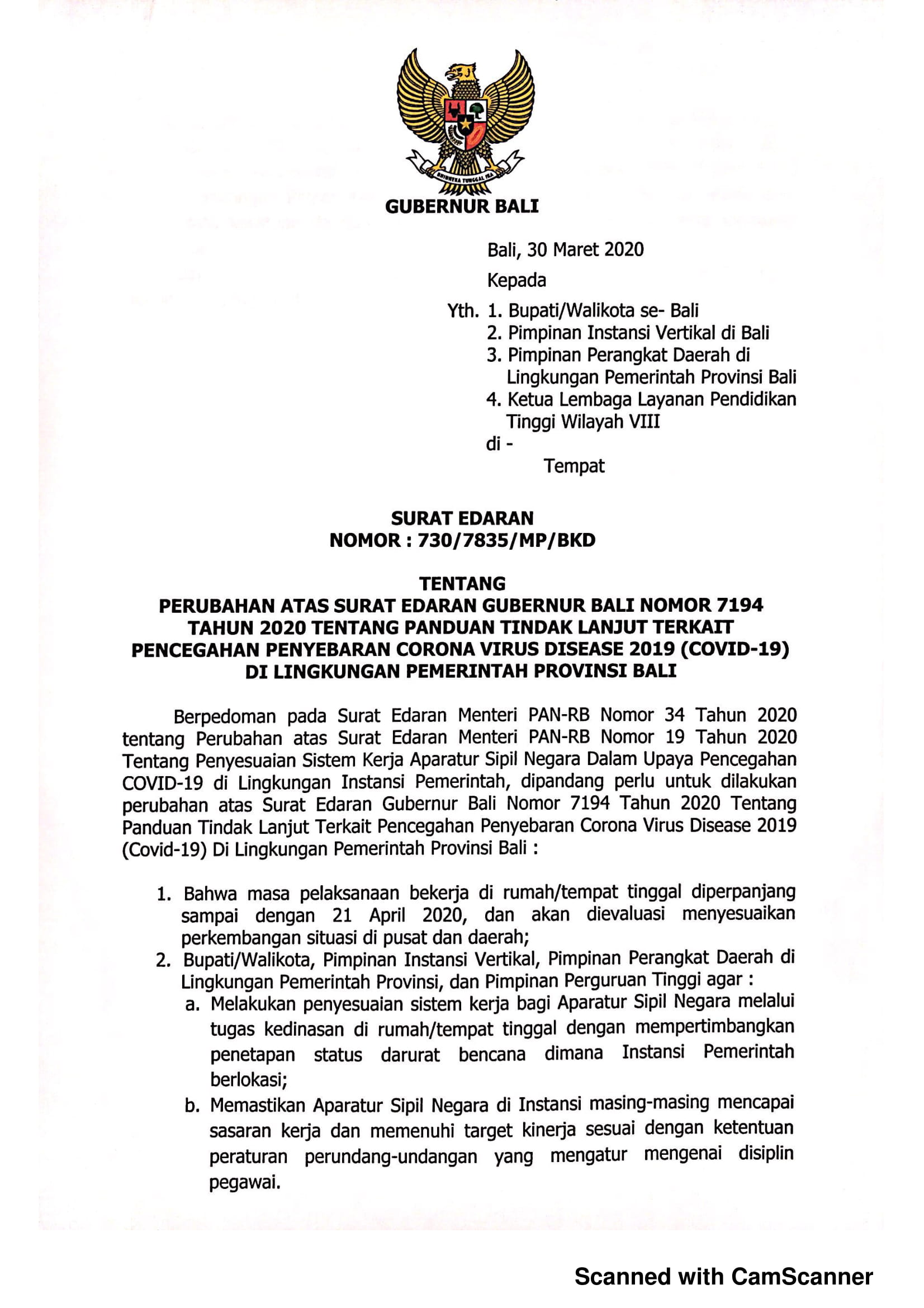 Surat Edaran Tentang Perubahan Atas SE Gubernur Bali Nomor 7194 Tahun